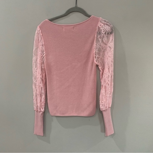 Anthropologie Sweater Lace Sleeve Ribbed Sweetheart Neck in Ballet Pink - Picture 7 of 10